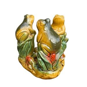 Vintage Majolica Style Frogs On Stumps Mushrooms Ceramic Toad Figurine